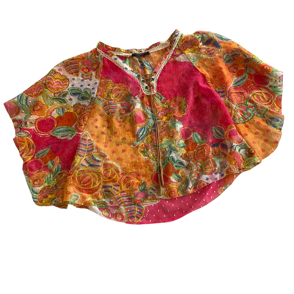 Sanctuary Floral Poncho Blouse Women Pink Orange Sheer Lace Up